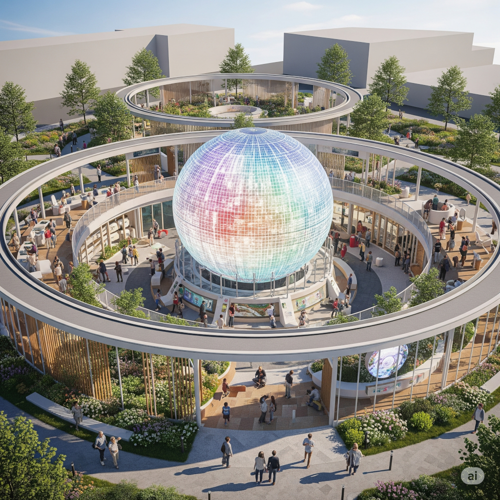 Exterieur van het Nederlandse paviljoen op de World Expo 2025 Osaka met een grote, verlichte bol en circulair ontwerp.