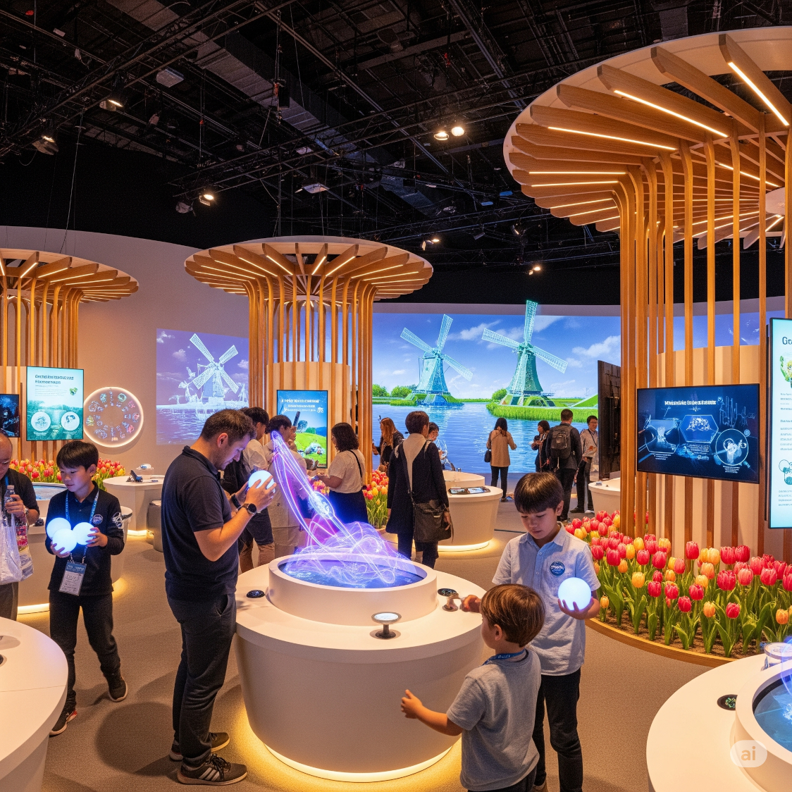 Interieur van het Nederlandse paviljoen op de World Expo 2025 Osaka, waar bezoekers interageren met persoonlijke Orbs en interactieve tentoonstellingen.